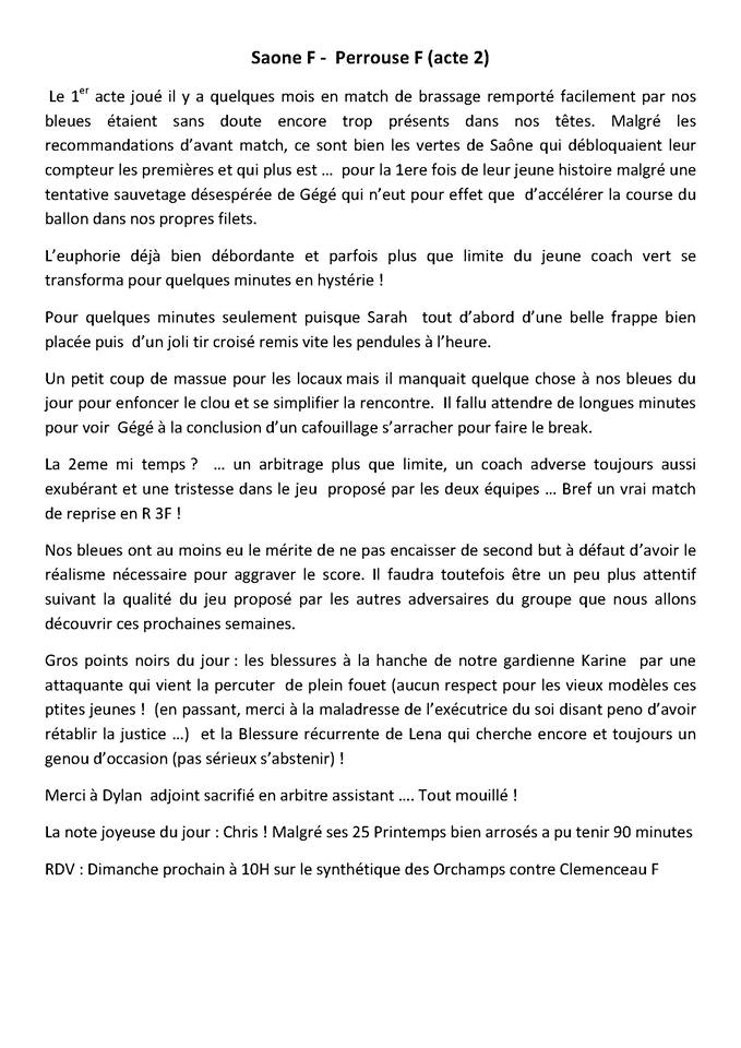 Résumé seniors F vs AS Saône Mamirolle F